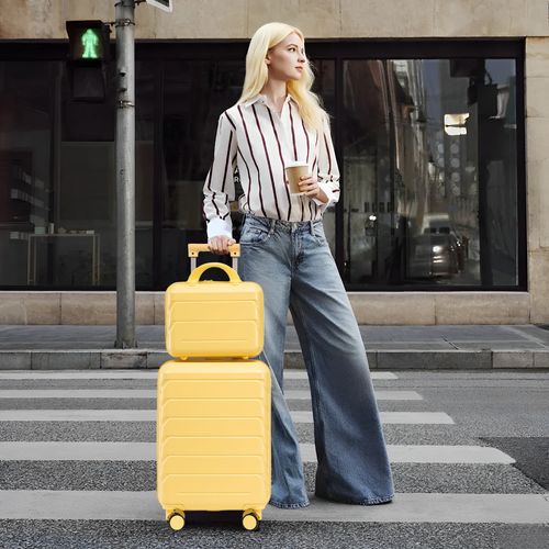 Set De Valises Abs 2 Pièces Avec Roulettes 360°, Cadenas Et Trousse Cosmétique 14", Jaune