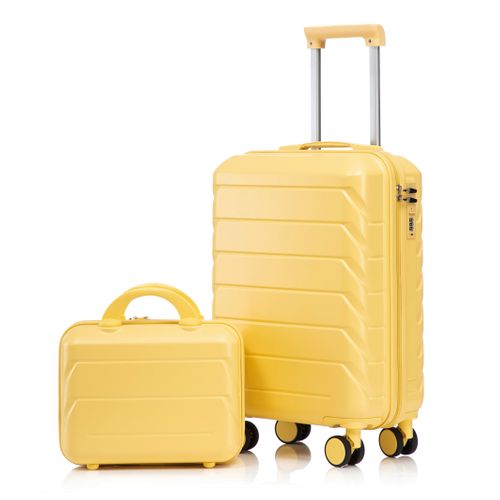 Set De Valises Abs 2 Pièces Avec Roulettes 360°, Cadenas Et Trousse Cosmétique 14", Jaune