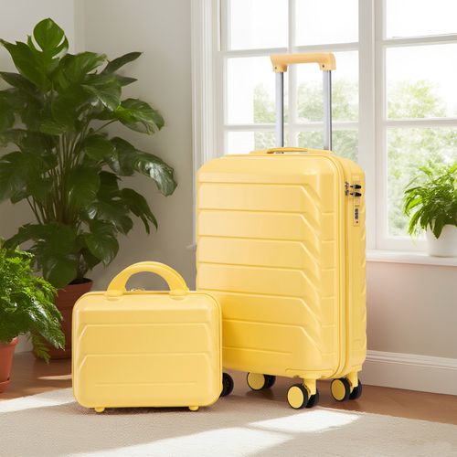 Set De Valises Abs 2 Pièces Avec Roulettes 360°, Cadenas Et Trousse Cosmétique 14", Jaune