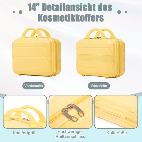 Set De Valises Abs 2 Pièces Avec Roulettes 360°, Cadenas Et Trousse Cosmétique 14", Jaune