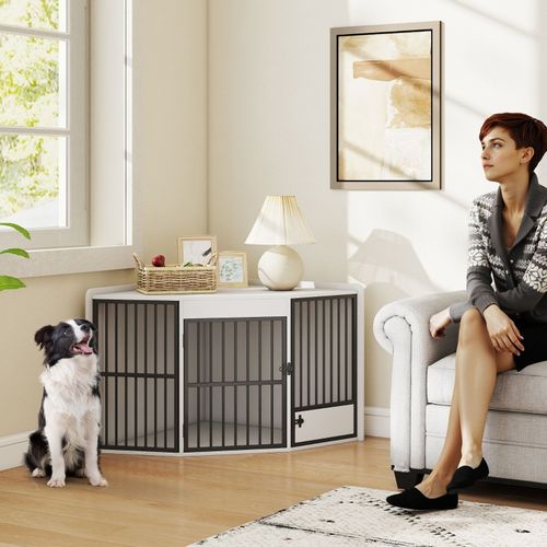 Cage Pour Chiens Petits Et Moyens Avec Porte De Distribution, Mdf Et Métal, Blanche