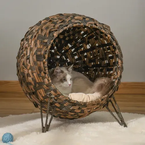 Panier Pour Chat En Rotin Avec Coussin Surélevé, Confortable Et Design Contemporain, D.52x58 Cm