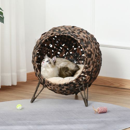 Panier Pour Chat En Rotin Avec Coussin Surélevé, Confortable Et Design Contemporain, D.52x58 Cm