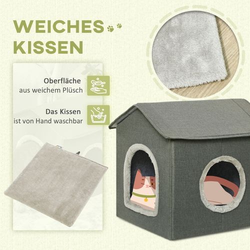 Cachette Pour Chat Avec Coussin Lavable, Lit Pour Animaux Portable, Khaki Et Vert