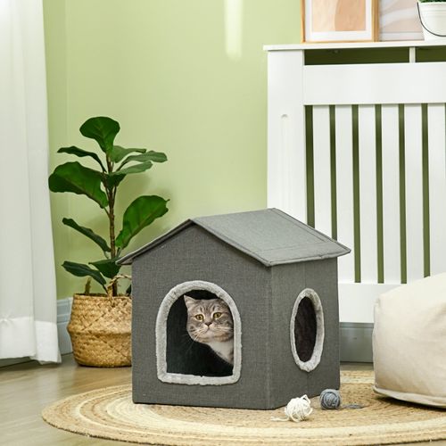 Cachette Pour Chat Avec Coussin Lavable, Lit Pour Animaux Portable, Khaki Et Vert