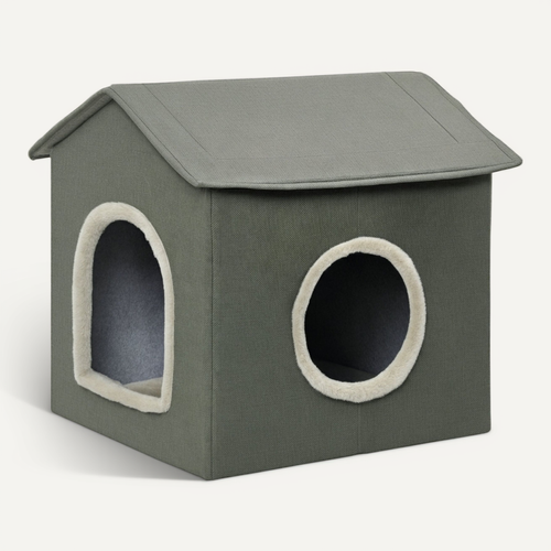 Cachette Pour Chat Avec Coussin Lavable, Lit Pour Animaux Portable, Khaki Et Vert