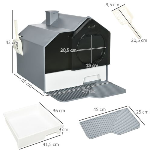 Litière Pour Chat Design Cabane Avec Bac Amovible, Tapis Anti-litière Et Pelle, Gris 47x45x42 Cm