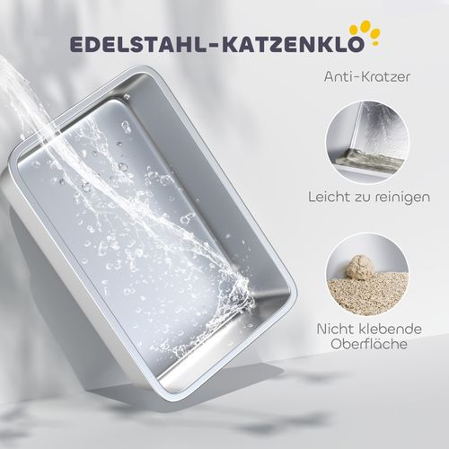 Litière Pour Chat XL En Acier Inoxydable Avec Couvercle Et Pelle, Gris Clair