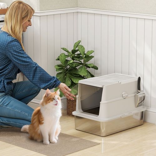 Litière Pour Chat XL En Acier Inoxydable Avec Couvercle Et Pelle, Gris Clair