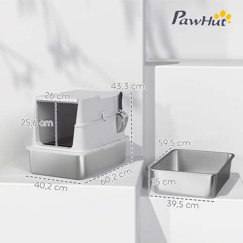Litière Pour Chat XL En Acier Inoxydable Avec Couvercle Et Pelle, Gris Clair