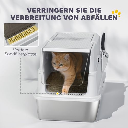Litière Pour Chat XL En Acier Inoxydable Avec Couvercle Et Pelle, Gris Clair