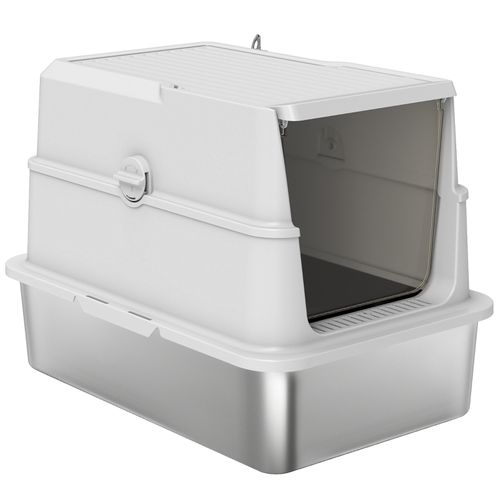 Litière Pour Chat XL En Acier Inoxydable Avec Couvercle Et Pelle, Gris Clair