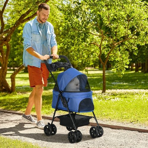 Poussette Pliante Pour Chien Et Chat De Petite Taille En Oxford Bleu Avec Double Roues Et Rangement