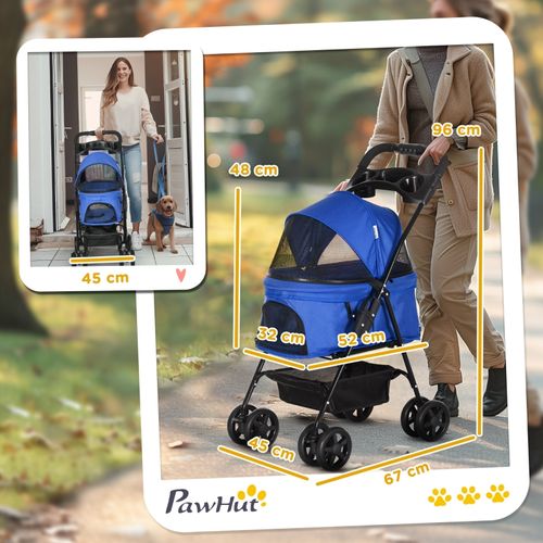 Poussette Pliante Pour Chien Et Chat De Petite Taille En Oxford Bleu Avec Double Roues Et Rangement