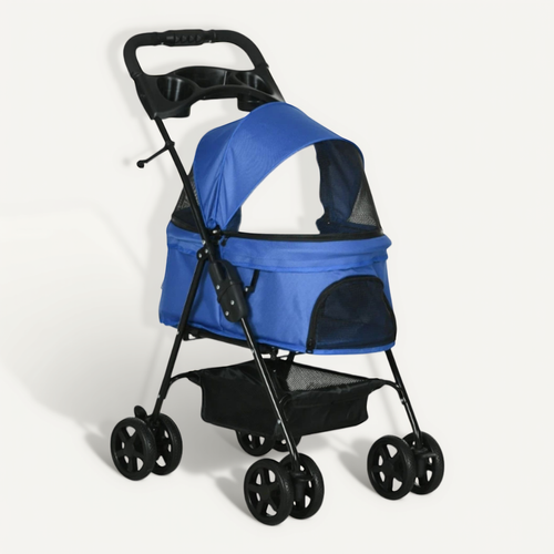 Poussette Pliante Pour Chien Et Chat De Petite Taille En Oxford Bleu Avec Double Roues Et Rangement