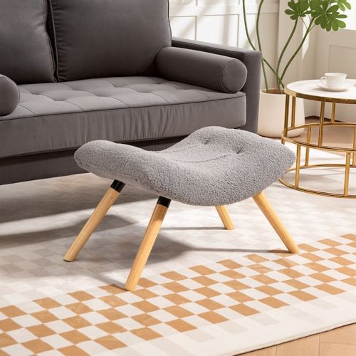 Repose-pieds Design En Tissu Bouclette Gris Clair Avec Assise Large Et Pieds En Bois