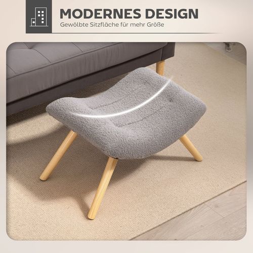 Repose-pieds Design En Tissu Bouclette Gris Clair Avec Assise Large Et Pieds En Bois
