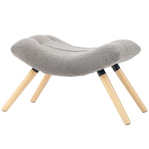 Repose-pieds Design En Tissu Bouclette Gris Clair Avec Assise Large Et Pieds En Bois
