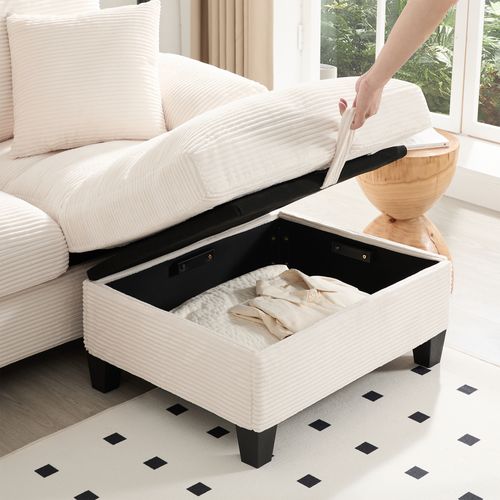 Canapé D’angle En U 4-5 Places Avec Rangement, Corduroy, USB Et Porte-gobelets, Beige