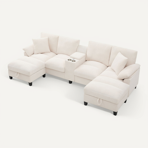 Canapé D’angle En U 4-5 Places Avec Rangement, Corduroy, USB Et Porte-gobelets, Beige