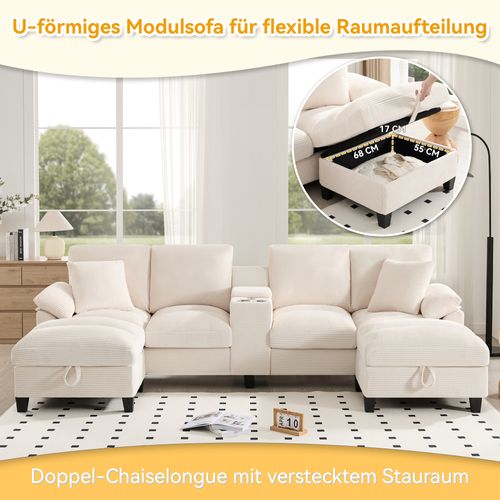 Canapé D’angle En U 4-5 Places Avec Rangement, Corduroy, USB Et Porte-gobelets, Beige