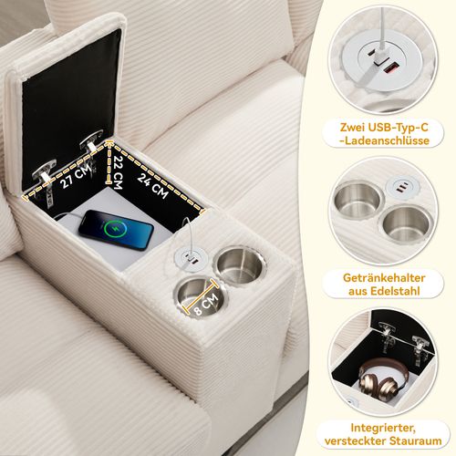 Canapé D’angle En U 4-5 Places Avec Rangement, Corduroy, USB Et Porte-gobelets, Beige