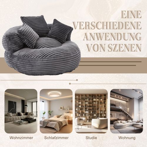 Pouf Géant En Corduroy Beige, Fauteuil Relax Avec Dossier Haut Et Trois Coussins