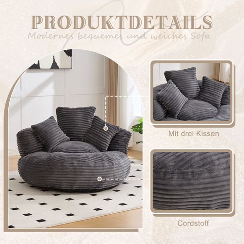 Pouf Géant En Corduroy Beige, Fauteuil Relax Avec Dossier Haut Et Trois Coussins