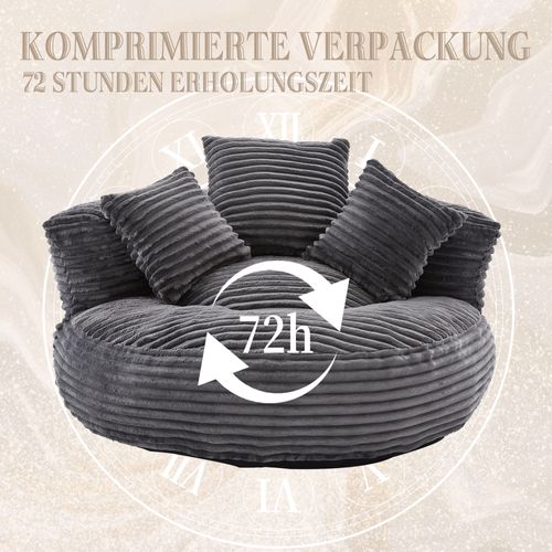 Pouf Géant En Corduroy Beige, Fauteuil Relax Avec Dossier Haut Et Trois Coussins