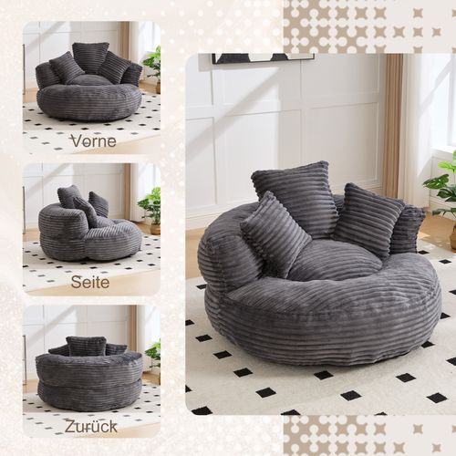 Pouf Géant En Corduroy Beige, Fauteuil Relax Avec Dossier Haut Et Trois Coussins