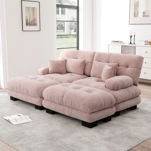 Canapé Modulable Cloud 2 Places Avec 2 Ottomans, Coussins Et Chenille Vintage, Rose