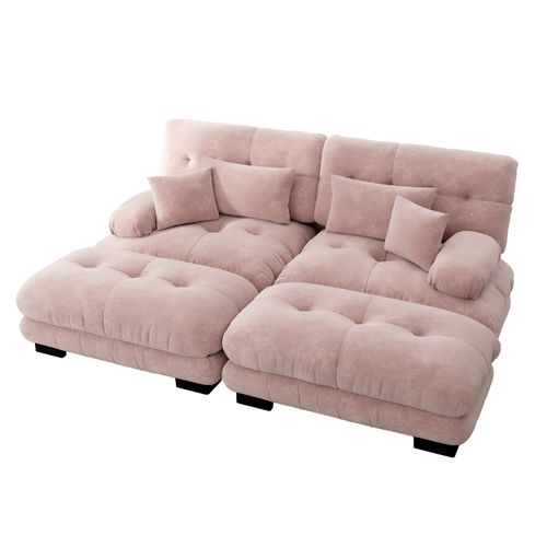 Canapé Modulable Cloud 2 Places Avec 2 Ottomans, Coussins Et Chenille Vintage, Rose