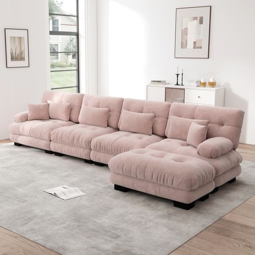 Canapé Modulable L 4 Places Cloud En Chenille Avec Ottoman Mobile Et Assise Profonde, Rose