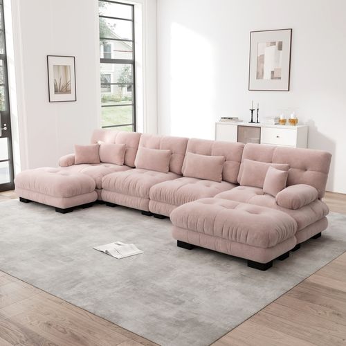 Canapé Modulable U 4 Places Cloud En Chenille Avec Ottoman Mobile Et Assise Profonde, Rose