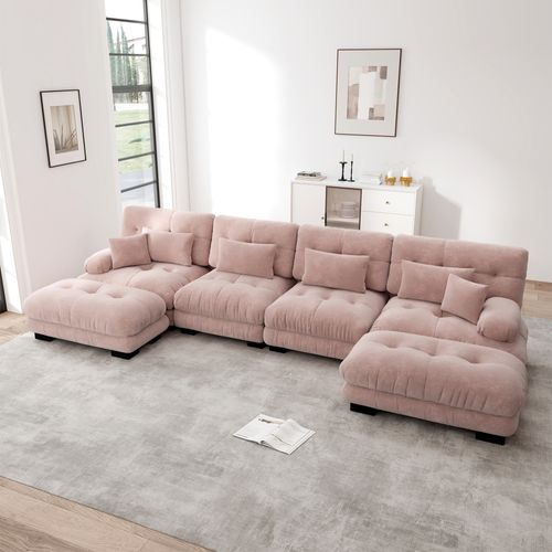 Canapé Modulable U 4 Places Cloud En Chenille Avec Ottoman Mobile Et Assise Profonde, Rose