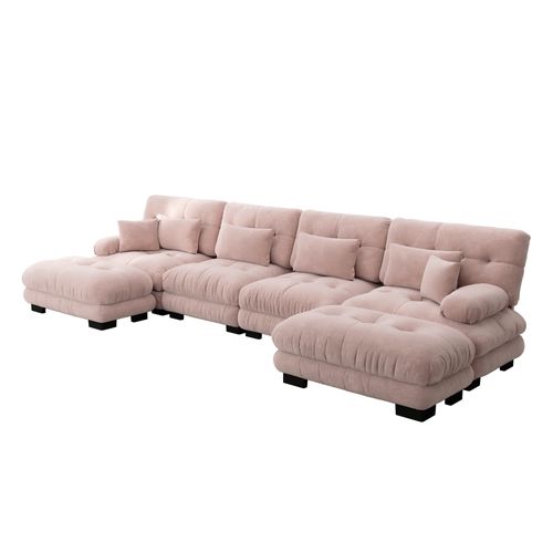 Canapé Modulable U 4 Places Cloud En Chenille Avec Ottoman Mobile Et Assise Profonde, Rose