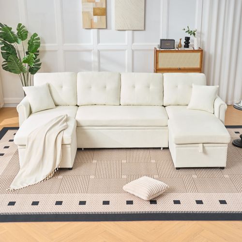 Canapé D’angle U Convertible Avec Coffre Et Tissu Chenille Beige, Grand Et Confortable