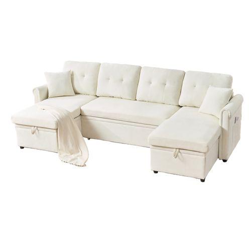 Canapé D’angle U Convertible Avec Coffre Et Tissu Chenille Beige, Grand Et Confortable