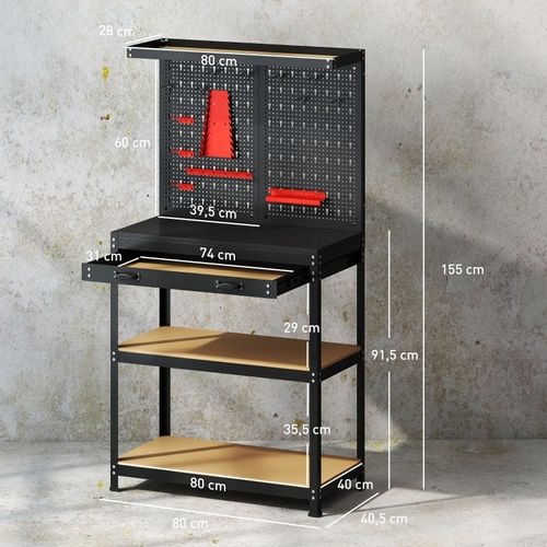 établi Robuste 155 Cm Avec Panneau Perforé, Tiroir Et étagères Pour Atelier