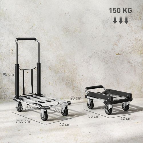 Diable Pliable En Aluminium 150 kg, Plateforme Extensible Et Poignée Réglable, Noir