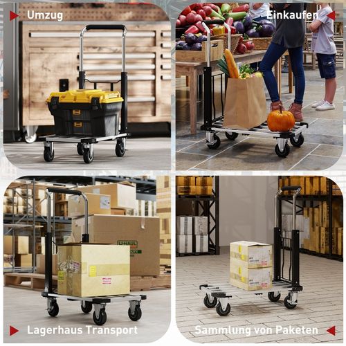 Diable Pliable En Aluminium 150 kg, Plateforme Extensible Et Poignée Réglable, Noir