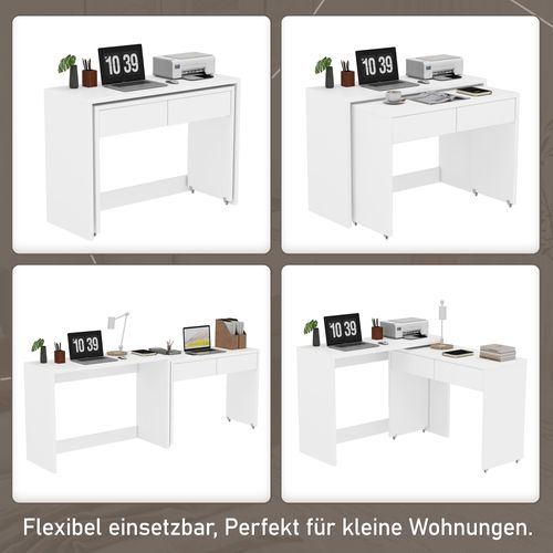 Bureau Compact 2-en-1 Avec Commode, Bois 1,8 Cm, Pliable Et Mobile Avec Roulettes