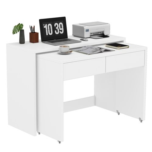 Bureau Compact 2-en-1 Avec Commode, Bois 1,8 Cm, Pliable Et Mobile Avec Roulettes