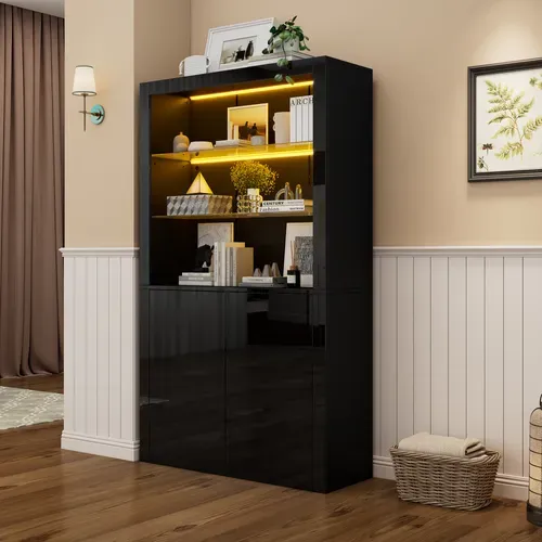 Vitrine Haute Noir Brillant Avec LED Réglable, 2 Portes Et étagères En Verre, 170 Cm