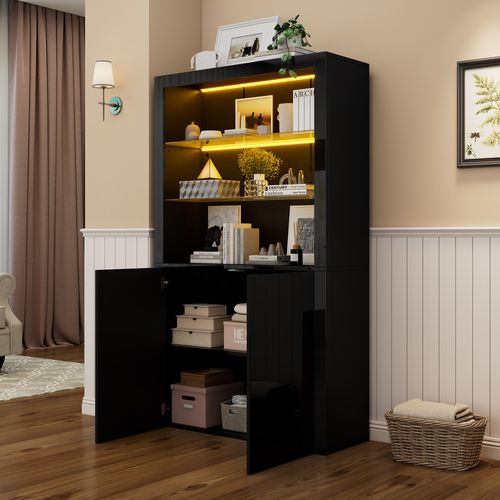 Vitrine Haute Noir Brillant Avec LED Réglable, 2 Portes Et étagères En Verre, 170 Cm