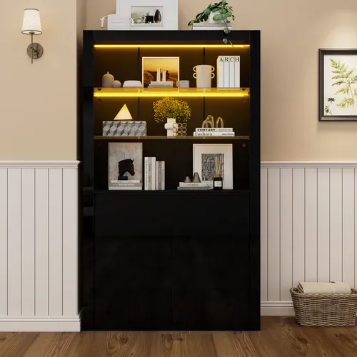 Vitrine Haute Noir Brillant Avec LED Réglable, 2 Portes Et étagères En Verre, 170 Cm