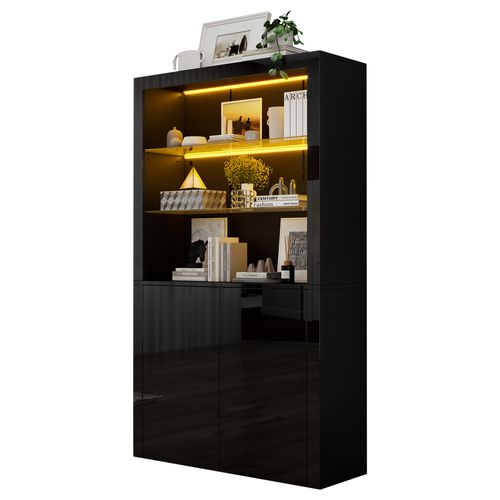 Vitrine Haute Noir Brillant Avec LED Réglable, 2 Portes Et étagères En Verre, 170 Cm