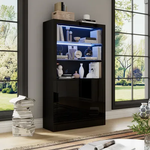 Vitrine Haute Noir Brillant Avec LED Réglable, 2 Portes Et étagères En Verre, 170 Cm