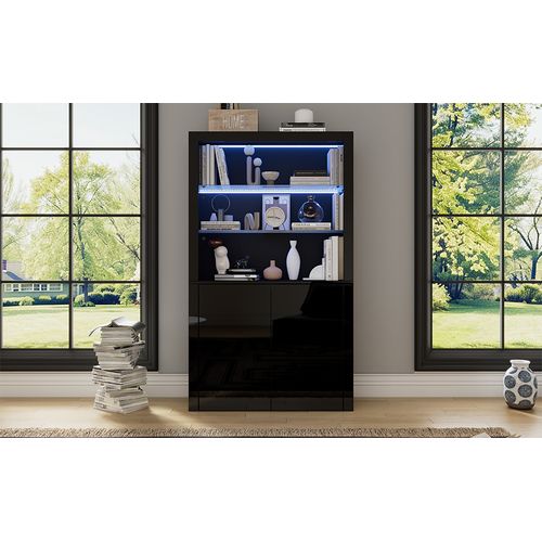 Vitrine Haute Noir Brillant Avec LED Réglable, 2 Portes Et étagères En Verre, 170 Cm