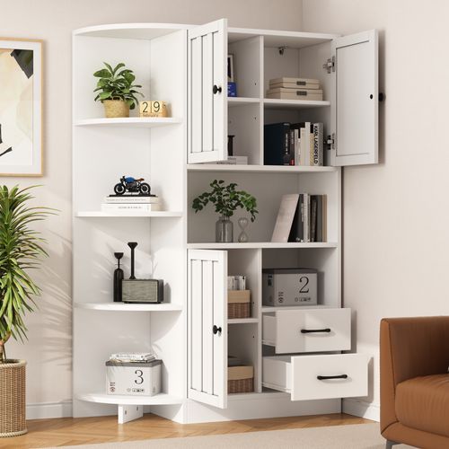 Vitrine D’angle Blanche 155 Cm Avec 3 Placards, 2 Tiroirs Et 14 Espaces De Rangement
